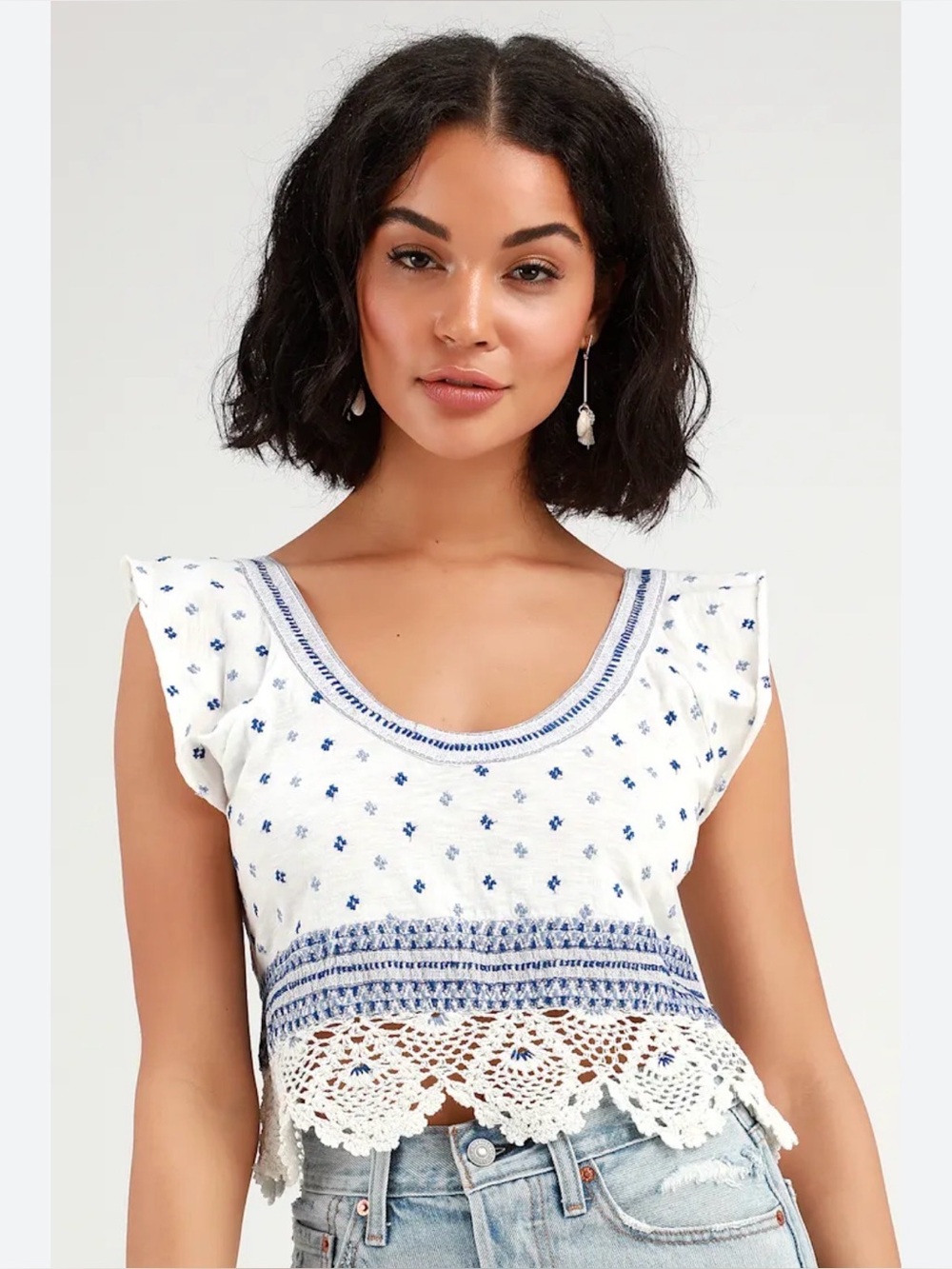 Free People Santorini Tank Sz LARGE White Crop Top with Navy Embroidery EUC